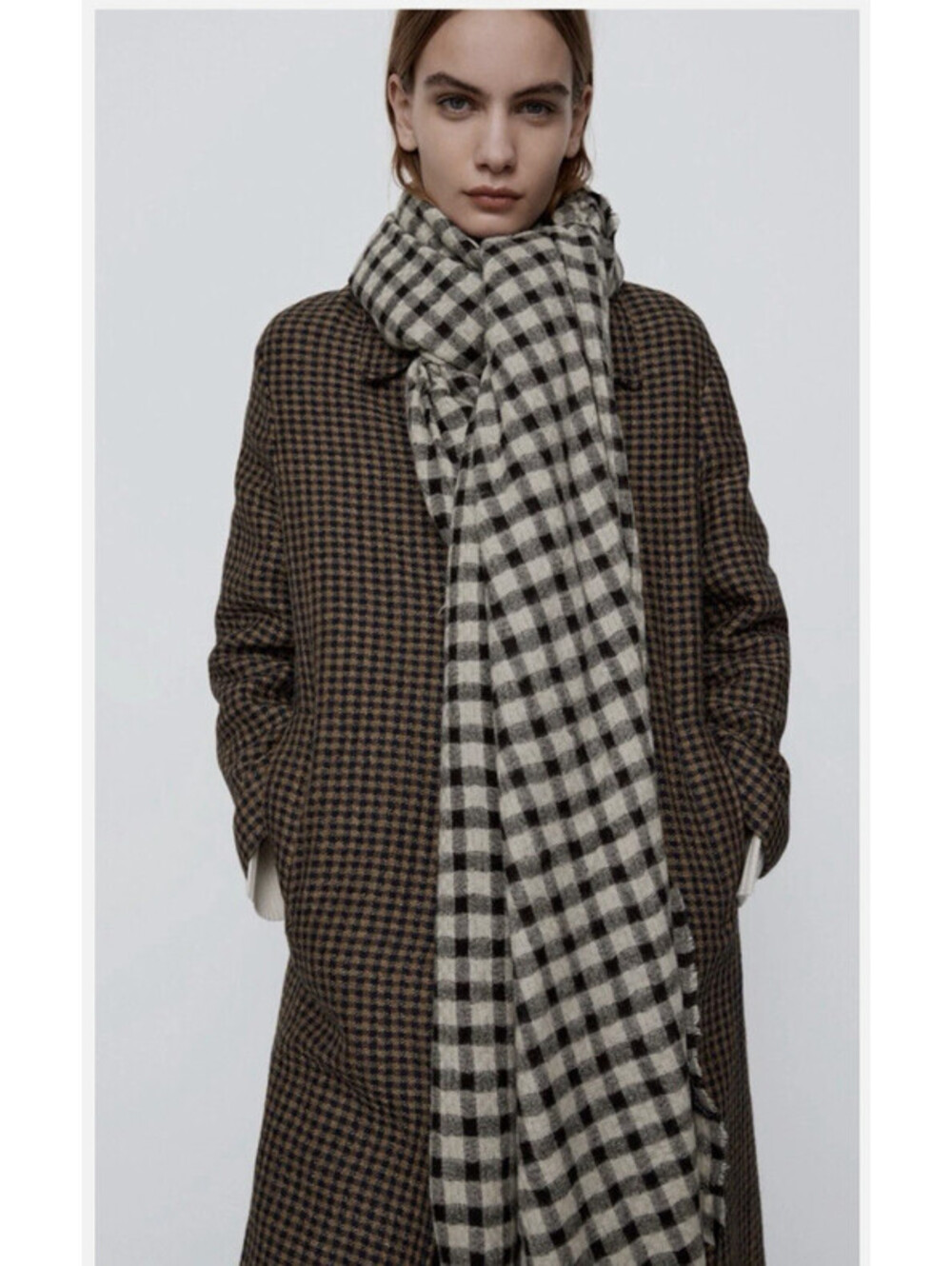 Zara Black Ecru Brown Check Polyester Viscose Blend Soft Scarf Binet 54"x25"